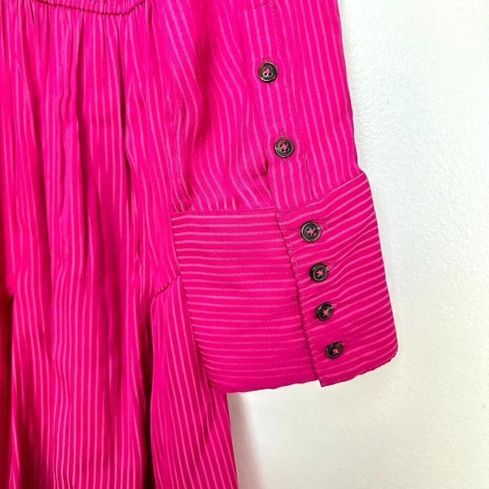 FREE PEOPLE Everly Pinstripe Long Sleeve Shirtdress in Pink Phenom Size X-Small - Picture 8 of 11